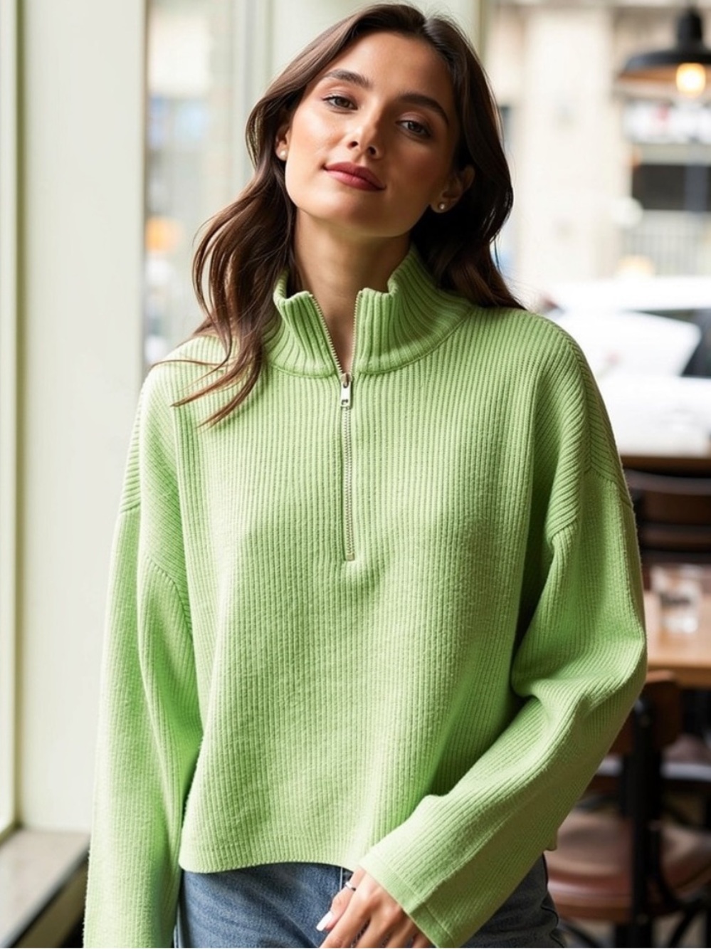 Urban Outfitters BDG Ribbed Half Zip Mock Neck Sweater Green Large